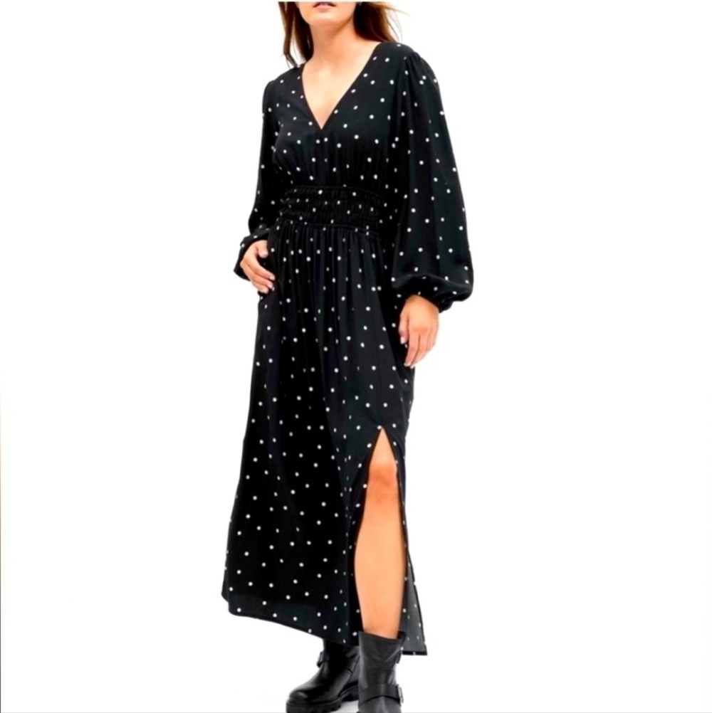 GAP Black Polka Dot Smocked V-Neck Maxi Dress XS